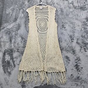 Vintage Oh MG! Vest Womens L Cream Crochet Lace Knit Fringe Sleeveless Bohemian